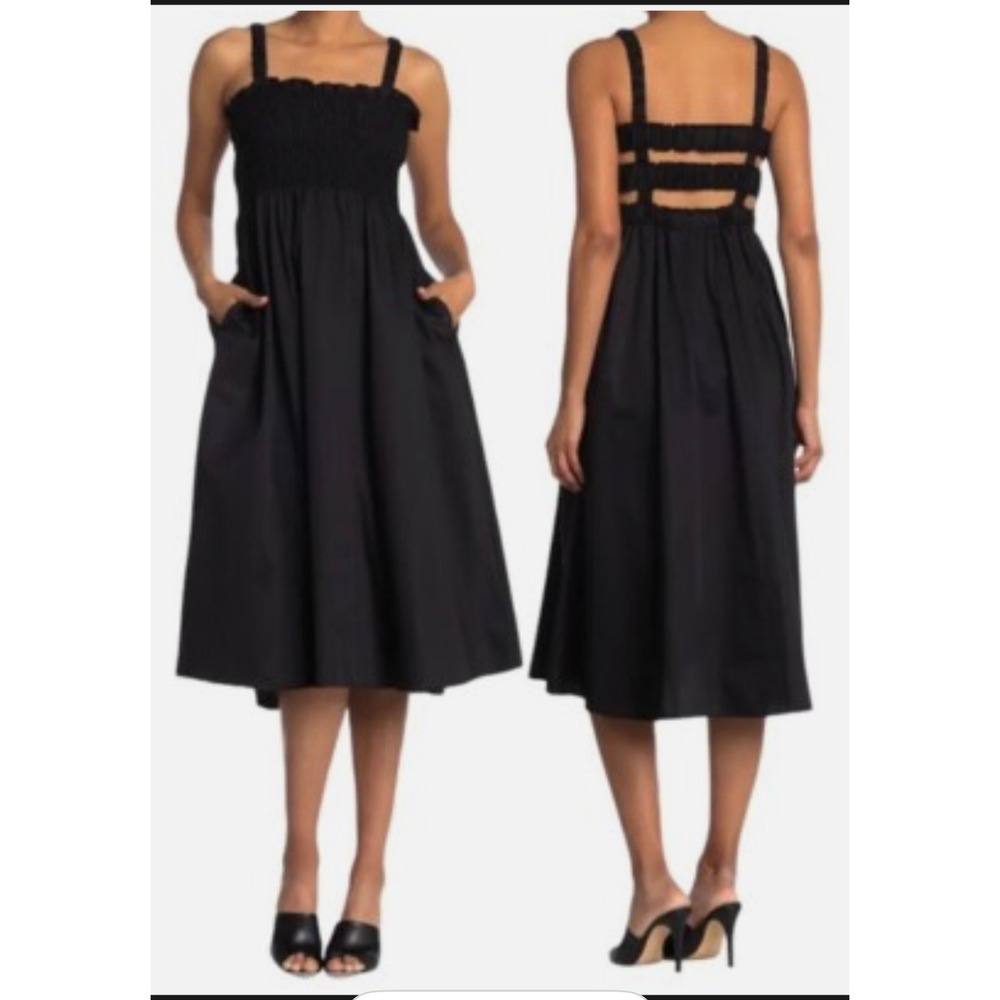 Topshop Smocked Cotton Poplin Strappy Back Midi Dress Black Size Petite 12 - Picture 2 of 8